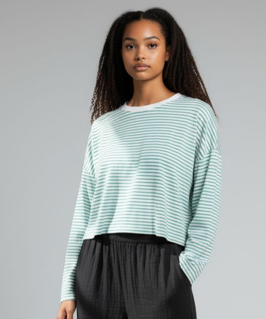 T-shirt manche longue rayure vert et blanc ICHI focus