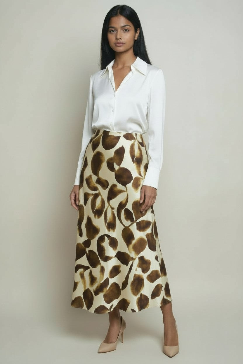 Jupe Rails blanche et marron fluide et satinée