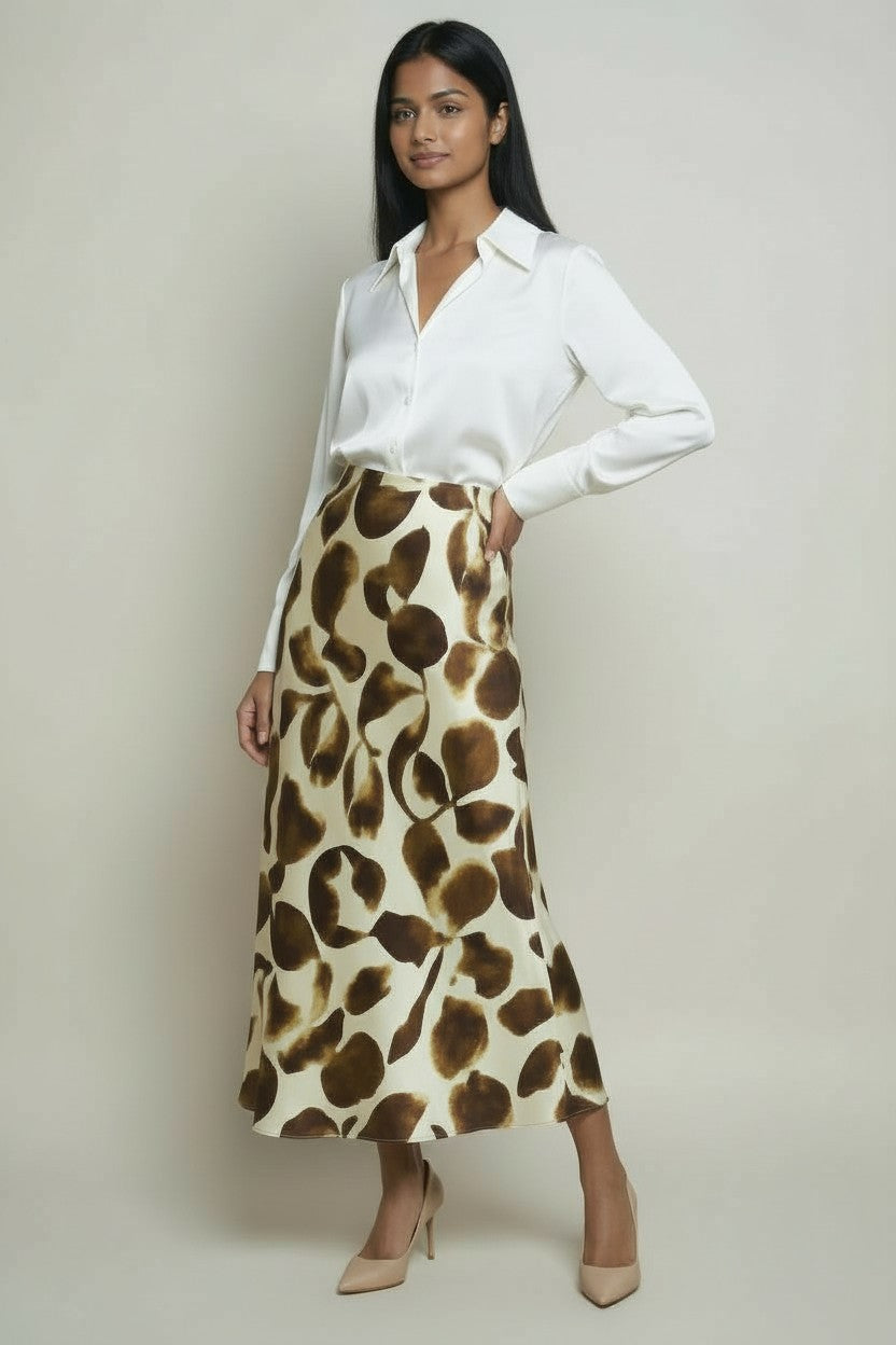 Jupe Rails blanche et marron fluide et satinée