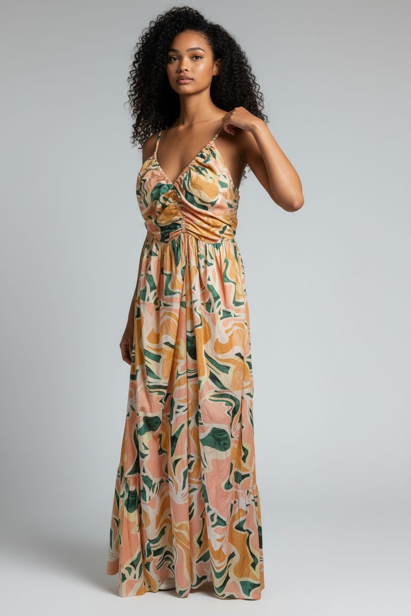 Robe Rails orange et verte longue a volants face