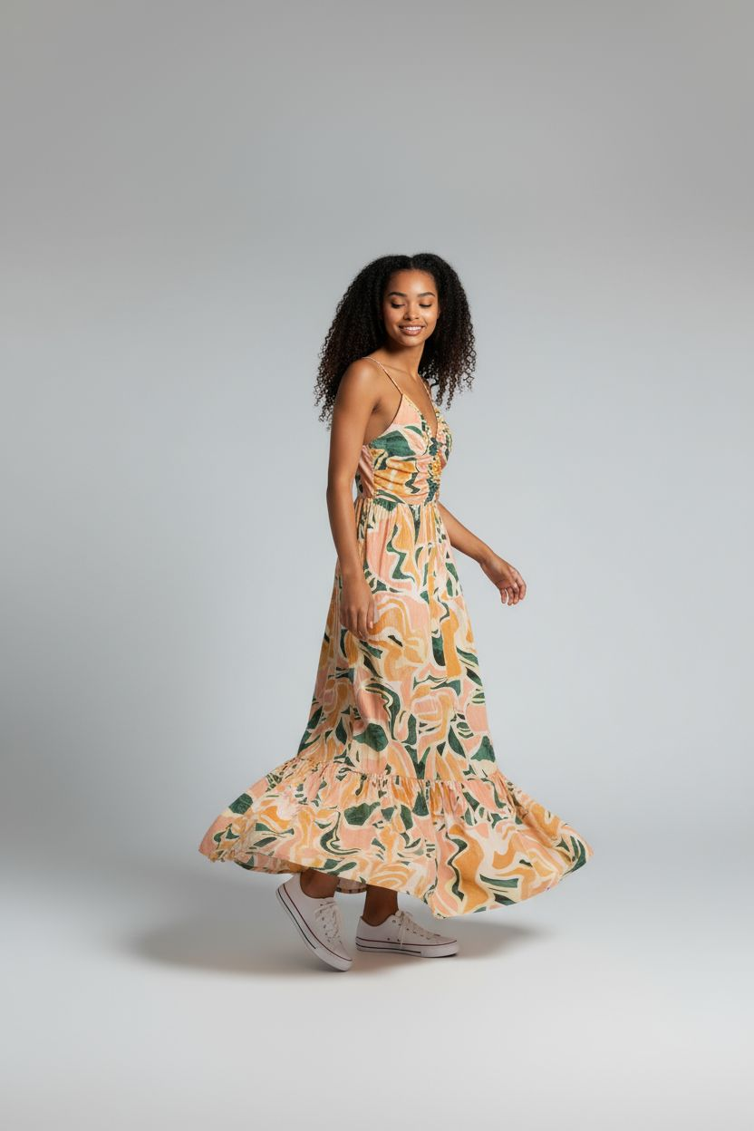 Robe Rails orange et verte longue a volants profil